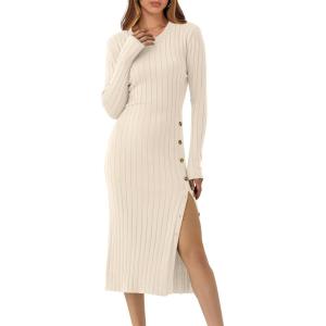 imageANRABESS Womens 2025 Fall Long Sleeve Midi Dress Ribbed Knit Bodycon Fitted Button Down Wedding Guest Slit Sweater DressesBeige