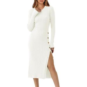 imageANRABESS Womens 2025 Fall Long Sleeve Midi Dress Ribbed Knit Bodycon Fitted Button Down Wedding Guest Slit Sweater DressesWhite