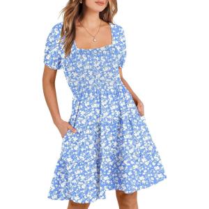 imageANRABESS Womens 2025 Summer Casual Dress Square Neck Puff Sleeve Boho Beach Vacation Short DressSkyblue Floral