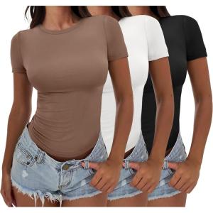 imageANRABESS Womens 3 Pack Short Sleeve Shirts 2025 Crop Tops Tight Fitted Basic Tees Workout T Shirts Y2k Clothes Summer OutfitBlackwhitebrown