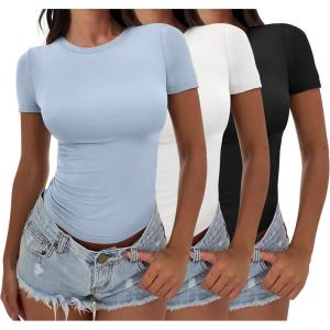 imageANRABESS Womens 3 Pack Short Sleeve Shirts 2025 Crop Tops Tight Fitted Basic Tees Workout T Shirts Y2k Clothes Summer OutfitBlackwhitehaze Blue