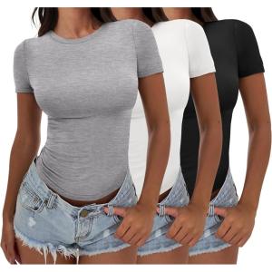 imageANRABESS Womens 3 Pack Short Sleeve Shirts 2025 Crop Tops Tight Fitted Basic Tees Workout T Shirts Y2k Clothes Summer OutfitBlackwhitelight Grey