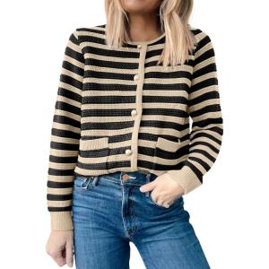 imageANRABESS Womens Cardigan Sweater Long Sleeve Button Down Lady Tweed Knit Jackets 2025 Fall OutfitsBlack Apricot Strip