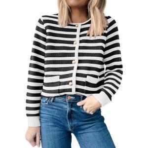 imageANRABESS Womens Cardigan Sweater Long Sleeve Button Down Lady Tweed Knit Jackets 2025 Fall OutfitsBlack White Strip