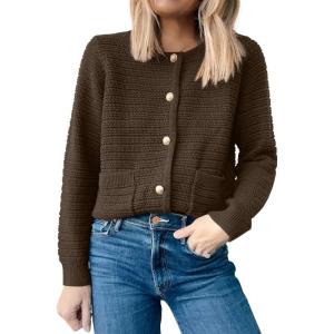 imageANRABESS Womens Cardigan Sweater Long Sleeve Button Down Lady Tweed Knit Jackets 2025 Fall OutfitsCoffee