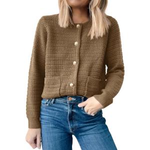 imageANRABESS Womens Cardigan Sweater Long Sleeve Button Down Lady Tweed Knit Jackets 2025 Fall OutfitsDeep Khaki