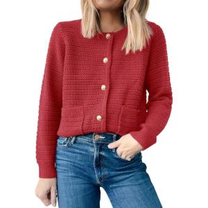 imageANRABESS Womens Cardigan Sweater Long Sleeve Button Down Lady Tweed Knit Jackets 2025 Fall OutfitsRed