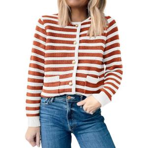 imageANRABESS Womens Cardigan Sweater Long Sleeve Button Down Lady Tweed Knit Jackets 2025 Fall OutfitsWhite Orange Strip