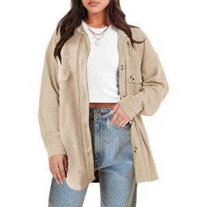 imageANRABESS Womens Corduroy Shacket Button Down Shirts Oversized Long Sleeve Casual Cardigan Jacket 2025 Fall Fashion ClothesApricot