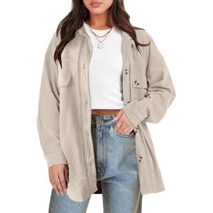 imageANRABESS Womens Corduroy Shacket Button Down Shirts Oversized Long Sleeve Casual Cardigan Jacket 2025 Fall Fashion ClothesBeige