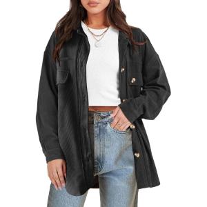 imageANRABESS Womens Corduroy Shacket Button Down Shirts Oversized Long Sleeve Casual Cardigan Jacket 2025 Fall Fashion ClothesBlack