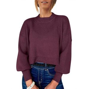 imageANRABESS Womens Cropped Sweaters Oversized Crewneck Long Batwing Sleeve Side Slit Ribbed Knit Pullover Tops 2025 Fall ClothesBurgundy