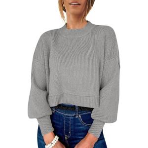 imageANRABESS Womens Cropped Sweaters Oversized Crewneck Long Batwing Sleeve Side Slit Ribbed Knit Pullover Tops 2025 Fall ClothesGrey