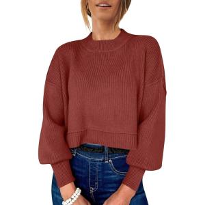 imageANRABESS Womens Cropped Sweaters Oversized Crewneck Long Batwing Sleeve Side Slit Ribbed Knit Pullover Tops 2025 Fall ClothesRust