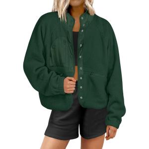 imageANRABESS Womens Fuzzy Fleece Jacket Fall Casual Long Sleeve Cropped Sherpa Button Down Shacket Coats Outwear With PocketsArmy Green