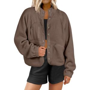 imageANRABESS Womens Fuzzy Fleece Jacket Fall Casual Long Sleeve Cropped Sherpa Button Down Shacket Coats Outwear With PocketsCoffee