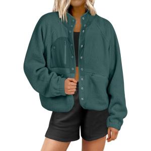 imageANRABESS Womens Fuzzy Fleece Jacket Fall Casual Long Sleeve Cropped Sherpa Button Down Shacket Coats Outwear With PocketsDark Green