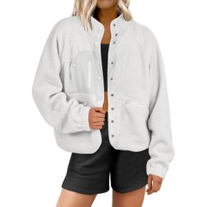 imageANRABESS Womens Fuzzy Fleece Jacket Fall Casual Long Sleeve Cropped Sherpa Button Down Shacket Coats Outwear With PocketsGray