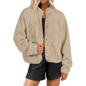 imageANRABESS Womens Fuzzy Fleece Jacket Fall Casual Long Sleeve Cropped Sherpa Button Down Shacket Coats Outwear With PocketsKhaki