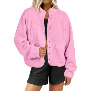imageANRABESS Womens Fuzzy Fleece Jacket Fall Casual Long Sleeve Cropped Sherpa Button Down Shacket Coats Outwear With PocketsPink
