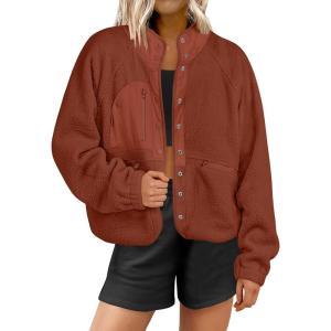 imageANRABESS Womens Fuzzy Fleece Jacket Fall Casual Long Sleeve Cropped Sherpa Button Down Shacket Coats Outwear With PocketsRust