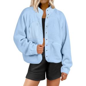 imageANRABESS Womens Fuzzy Fleece Jacket Fall Casual Long Sleeve Cropped Sherpa Button Down Shacket Coats Outwear With PocketsSky