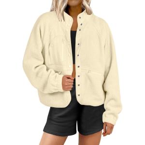 imageANRABESS Womens Fuzzy Fleece Jacket Fall Casual Long Sleeve Cropped Sherpa Button Down Shacket Coats Outwear With PocketsYellow