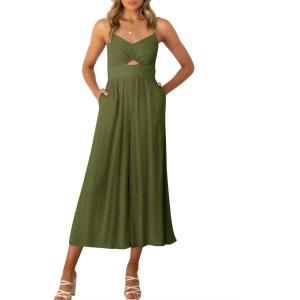 imageANRABESS Womens Jumpsuit Summer Beach Vacation Romper 2025 V Neck Sleevelsee Spaghetti Strap Cutout Linen Wide Leg ClothesArmy Green