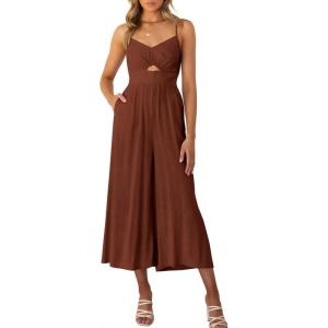 imageANRABESS Womens Jumpsuit Summer Beach Vacation Romper 2025 V Neck Sleevelsee Spaghetti Strap Cutout Linen Wide Leg ClothesCaramel