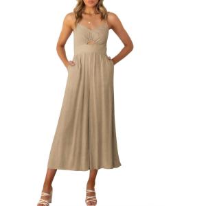 imageANRABESS Womens Jumpsuit Summer Beach Vacation Romper 2025 V Neck Sleevelsee Spaghetti Strap Cutout Linen Wide Leg ClothesKhaki
