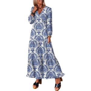imageANRABESS Womens Long Sleeve Boho Maxi Dress 2025 Fall V Neck Floral Striped Casual Loose Fit Beach Vacation DressesBlue Khaki