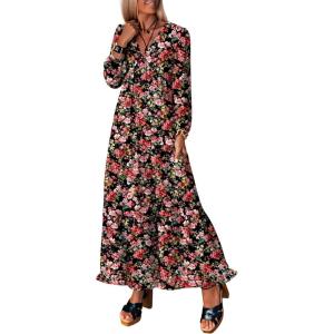 imageANRABESS Womens Long Sleeve Boho Maxi Dress 2025 Fall V Neck Floral Striped Casual Loose Fit Beach Vacation DressesFloral Black Red