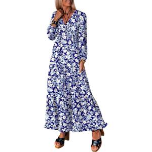 imageANRABESS Womens Long Sleeve Boho Maxi Dress 2025 Fall V Neck Floral Striped Casual Loose Fit Beach Vacation DressesFloral Blue