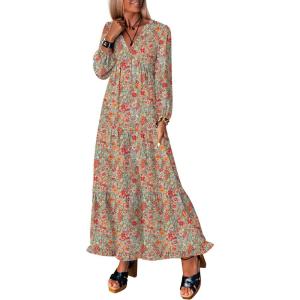 imageANRABESS Womens Long Sleeve Boho Maxi Dress 2025 Fall V Neck Floral Striped Casual Loose Fit Beach Vacation DressesFloral Orange Red