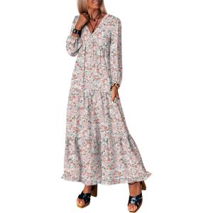 imageANRABESS Womens Long Sleeve Boho Maxi Dress 2025 Fall V Neck Floral Striped Casual Loose Fit Beach Vacation DressesFloral Orange White