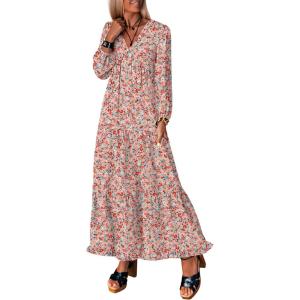 imageANRABESS Womens Long Sleeve Boho Maxi Dress 2025 Fall V Neck Floral Striped Casual Loose Fit Beach Vacation DressesFloral Pink