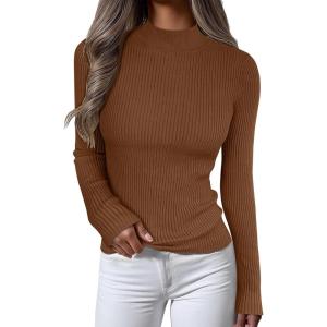 imageANRABESS Womens Long Sleeve Mock Neck Lightweight Sweater Rib Knit Slim Fit 2025 Fall Winter Casual Basic Pullover TopsDeep Caramel