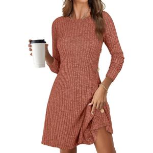 imageANRABESS Womens Long Sleeve Ribbed Knit Sweater Dresses 2025 Fall Winter Casual Lounge Short Tunic Dress with Pockets ButtonsBurnt Orange