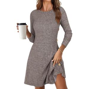 imageANRABESS Womens Long Sleeve Ribbed Knit Sweater Dresses 2025 Fall Winter Casual Lounge Short Tunic Dress with Pockets ButtonsDeep Coffee
