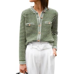 imageANRABESS Womens Striped Cardigan Sweaters Casual Long Sleeve Open Front Button Down Knit Cropped Jackets Fall Coat OuterwearStripe Army Green