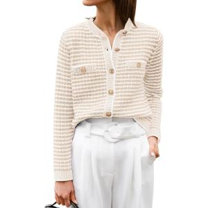 imageANRABESS Womens Striped Cardigan Sweaters Casual Long Sleeve Open Front Button Down Knit Cropped Jackets Fall Coat OuterwearStripe Beige