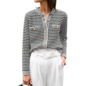 imageANRABESS Womens Striped Cardigan Sweaters Casual Long Sleeve Open Front Button Down Knit Cropped Jackets Fall Coat OuterwearStripe Grey