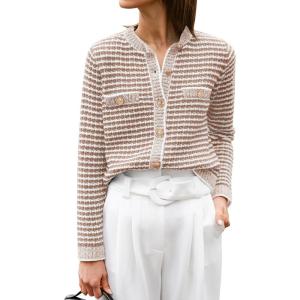 imageANRABESS Womens Striped Cardigan Sweaters Casual Long Sleeve Open Front Button Down Knit Cropped Jackets Fall Coat OuterwearStripe Khaki