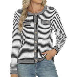 imageANRABESS Womens Striped Cardigan Sweaters Casual Long Sleeve Open Front Button Down Knit Cropped Jackets Fall Coat OuterwearStripe White