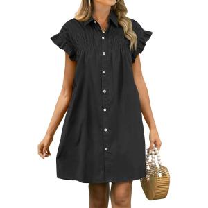 imageANRABESS Womens Summer Button Down Shirt Dress Ruffle Short Sleeve Mini Dresses Loose Fit Casual Sundress with PocketsBlack