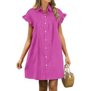 imageANRABESS Womens Summer Button Down Shirt Dress Ruffle Short Sleeve Mini Dresses Loose Fit Casual Sundress with PocketsHot Pink