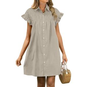 imageANRABESS Womens Summer Button Down Shirt Dress Ruffle Short Sleeve Mini Dresses Loose Fit Casual Sundress with PocketsKhaki