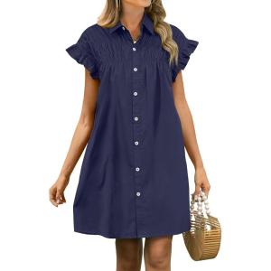 imageANRABESS Womens Summer Button Down Shirt Dress Ruffle Short Sleeve Mini Dresses Loose Fit Casual Sundress with PocketsNavy Blue