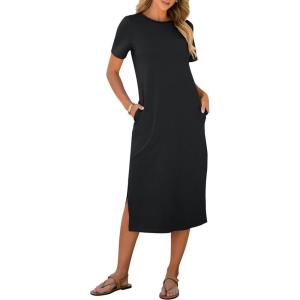 imageANRABESS Womens Summer Casual Midi Dress Short Sleeve Crewneck T Shirt Long Dresses Split Stripe Beach Vacation Travel OutfitBlack