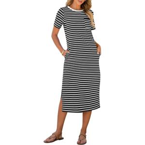 imageANRABESS Womens Summer Casual Midi Dress Short Sleeve Crewneck T Shirt Long Dresses Split Stripe Beach Vacation Travel OutfitBlack White Stripe